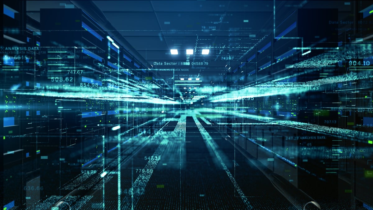 Futuristic data center with high-speed digital transmission lines, AI analytics, and big data processing streams across server racks and IT infrastructure.
